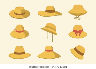 Colección de sombreros de verano, incluyendo sombreros de paja y sombreros de playa. Estos sombreros tienen diferentes modelos.