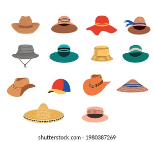 A collection of summer headgear. Vector flat illustration