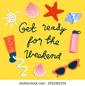 Collection of summer holiday elements on yellow background. Beach top view.

Summer vacation fashion concept.  Party invitation. Vector flat illustration.