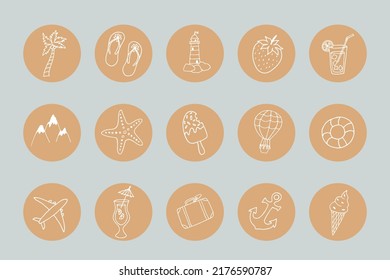 Collection of summer holiday icons. Travel, tourism, leisure theme. Includes symbols such as palm tree, lighthouse, mountains, ice cream, anchor, suitcase, cocktails, airplane, balloon, starfish.