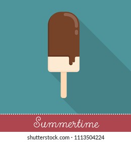 Collection of Summer Holiday Items, Flat Design with long shadow in Bright Colors: Chocolate Vanilla Popsicle Ice Cream