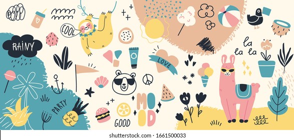 Collection of summer holiday, travel, beach vacation, tropical party decorative design elements isolated on white background. Flat cartoon colorful vector illustration.