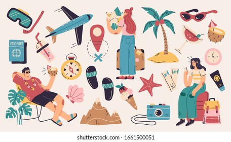 Collection of summer holiday, travel, beach vacation, tropical party decorative design elements isolated on white background. Flat cartoon colorful vector illustration.