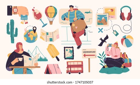 Collection of summer holiday, travel, beach vacation, tropical party decorative design elements isolated on white background. Flat cartoon colorful vector illustration.