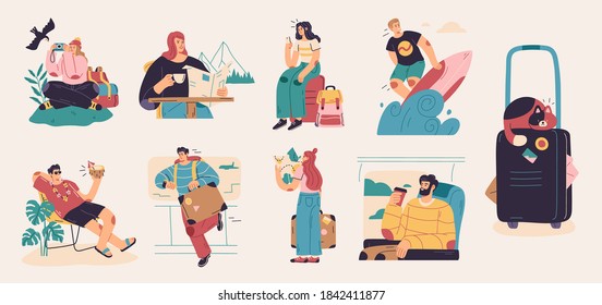 Collection of summer holiday, travel, beach vacation, tropical party decorative design elements isolated on white background. Flat cartoon colorful vector illustration.