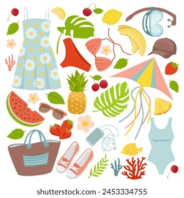 Collection for summer holidays. Bright summer poster. Summer vector stickers set. Icons, signs, banners.