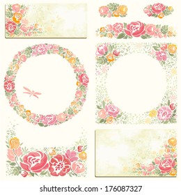 Collection of summer holidays symbols with flowers in vintage style.