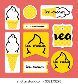 Collection of summer ice-cream cards, notes, stickers, labels, tags with cute ornament illustrations. Template for scrapbooking, wrapping, notebooks, notebook, diary, decals, school accessories
