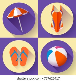 Collection of Summer icons - beach umbrella, swimsuit, Vietnamese slippers, beach ball - what to take to the beach