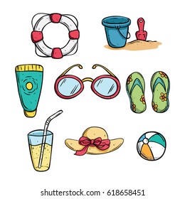 collection of summer icons with color and outline on white background