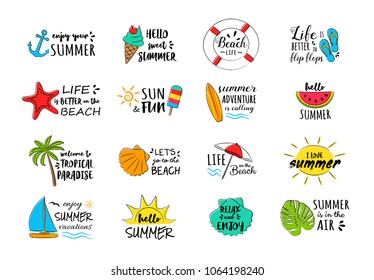 Collection of summer icons - decorations with text. Vector.