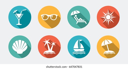 Collection of Summer icons with long shadows