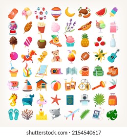 Collection Of Summer Icons And Stickers For Funfair Events, Ocean Beach Fun, Picnic With Fruit And Bbq, Hiking Equipment And Flowers, Traveling To Festivals. Isolated Vector Images.