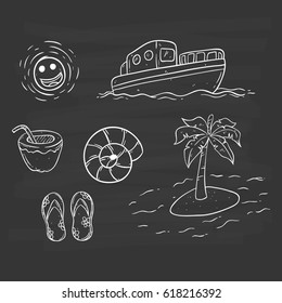 collection of summer icons using doodle art on chalkboard background
