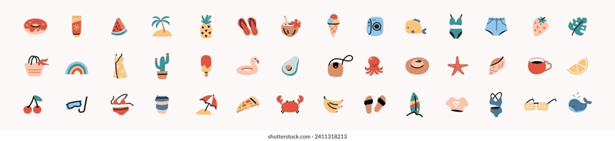 Collection of summer icons, various vacation items. Set of illustrations in flat cartoon style