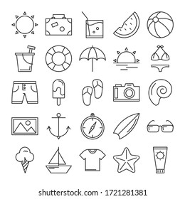 Collection of summer icons vector isolated. Holiday on the beach, travel time. Sun sign, sungalsses and suitcase. Summer clothes, shorts and swimwear