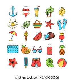 Collection of Summer icons vector Set Outline Holiday. color sketch art