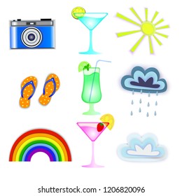 Collection for summer. Icons for website design, print and presentation. Simple graphic elements in paper cut  style. Vector illustration