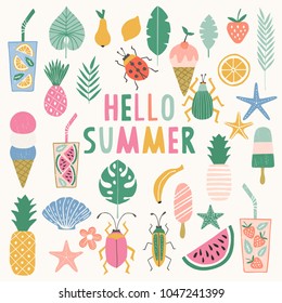 Collection of summer illustration. Ice cream, pineapple, watermelone icons. Vector. Isolated.