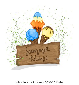A collection of summer items with ice cream. Cartoon style. Vector illustration