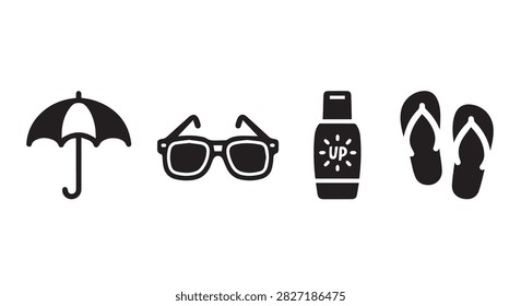 Collection of summer items including umbrella sunglasses sunscreen and flip flops perfect for beach outings and sunny weather.
