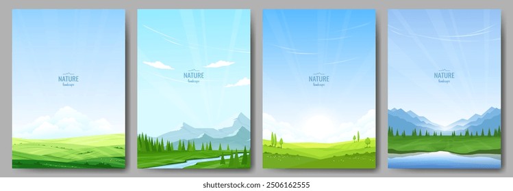 Collection of summer landscapes. Green fields and hills, a river flowing through a valley, mountains and forest, blue sky, clear sunny day. The concept of travel, tourism, hiking. Vector images.	