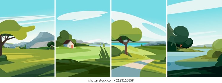 Collection of summer landscapes. Natural sceneries in portrait format.