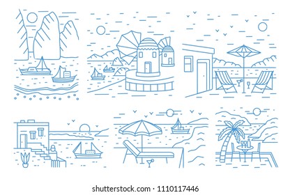 Collection of summer landscapes with sea or ocean, mountains, sailing yachts and seaside resort drawn with contour lines on white background. Monochrome vector illustration in modern lineart style