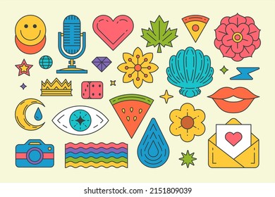 Collection Summer Multicolored Pop Art Stickers Vector Cartoon Illustration. Set Contoured Retro Microphone, Rainbow Flag, Crown, Heart, Eye, Watermelon, Flower, Lips, Cube, Gem, Diamond T Shirt Print