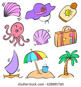 Collection summer object doodle set