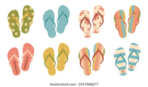 Collection of summer pairs of shoes. Set of bright flip flops. Vector illustration