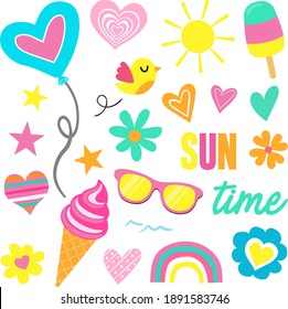 Collection of summer patches. Vector illustration of funny summer symbols and icons like sunglasses, sun, ice cream, flower, rainbow and hearts. Isolated on white.