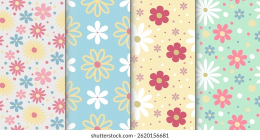 Collection of summer patterns with flowers in pastel colors on light background. For fabric, wallpaper, background, decoration. Vector image.