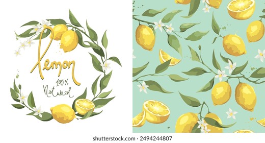 Collection of summer patterns with lemon branch. Backgrounds with citrus fruits, vector illustrations, seamless print.	