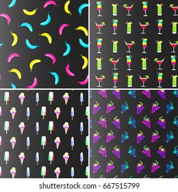 Collection of summer patterns. Tropical fruits, delicious and summer time food.