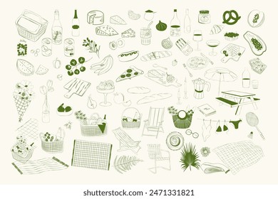 Collection of summer picnic elements. Food, drink, picnic backet, blanket, sun chair, umbrella. Aesthetic picnic cliparts. Editable vector illustration.