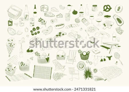 Collection of summer picnic elements. Food, drink, picnic backet, blanket, sun chair, umbrella. Aesthetic picnic cliparts. Editable vector illustration.