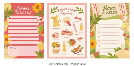 Collection of summer picnic essentials and stationery vector illustrations, for checklist and to do list