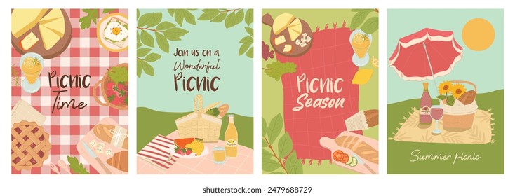 Colección de ilustración de picnic de verano para fondo, invitación y tarjetas con naturaleza al aire libre y alimentos.