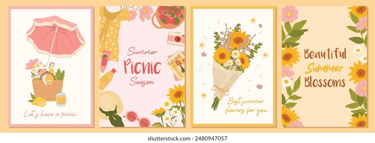 Collection of Summer picnic illustrations, flower, food, outdoor and nature for background, portrait posters and cards	
