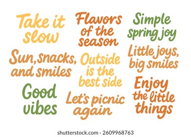 Collection of summer picnic phrases in colorful flat cartoon style with positive handwritten quotes.