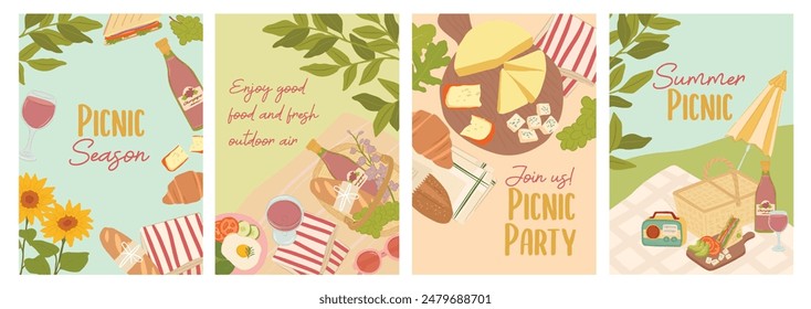 Collection of Summer picnic posters for background, invitation and cards with outdoor nature and foods. vector illustration