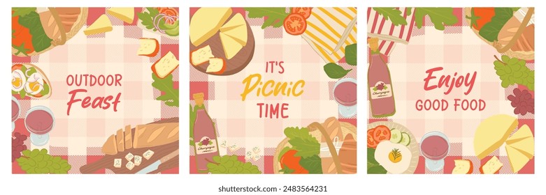 Collection of summer picnic vector illustration, different delicious food for background, invitation and posters
