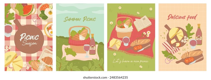 Collection of summer picnic vector illustration, outdoor landscape with picnic foods and champagne for background, invitation and posters