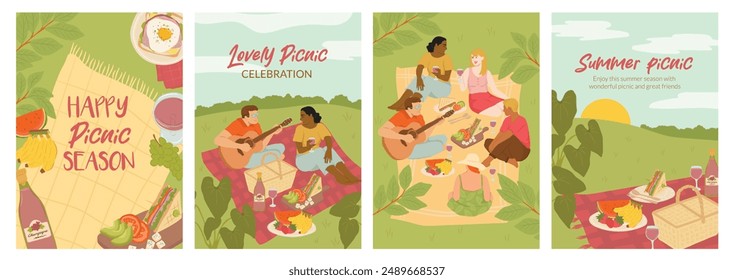  Colección de la Ilustración vectorial de picnic de verano dibujos animados, amigos, fiesta y comida