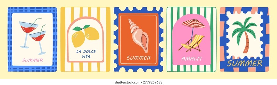 A collection of summer postage stamps featuring cocktails, lemons, shells, beach umbrellas, and palm trees. The stamp set features a Mediterranean theme. Vector.