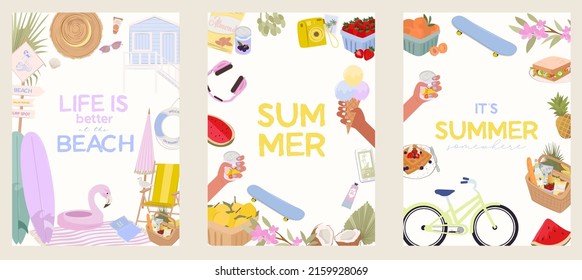 Collection of Summer Poster. Summer picnic, season food, leisure activity, summer beach activity. Illustration for banners, posters, promotion, presentation templates. Editable Vector