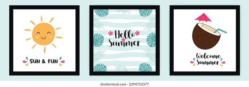 Colección de afiches de verano con letras de verano. Buena plantilla para tarjeta de saludo, pegatina, afiche, invitación, banner y más. Ilustración del vector