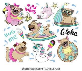 Collection of summer pug dog on surfboard and inflatable flamingo. Vector illustration. T-shirt design patches