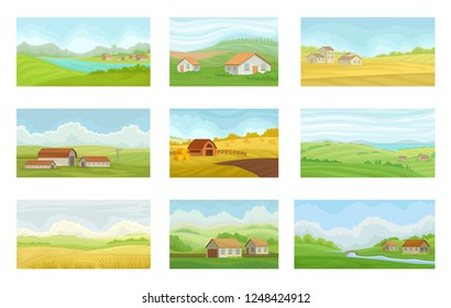 Collection of summer rural landscapes with village houses, meadow with green and yellow grass, agriculture and farming vector Illustration on a white background